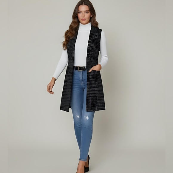 Black/White Plaid Double Breasted Lapel Collar Vest Coat - Picture 3 of 7